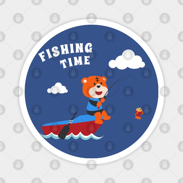 Vector cartoon illustration of cute tiger fishing on sailboat Magnet by KIDS APPAREL